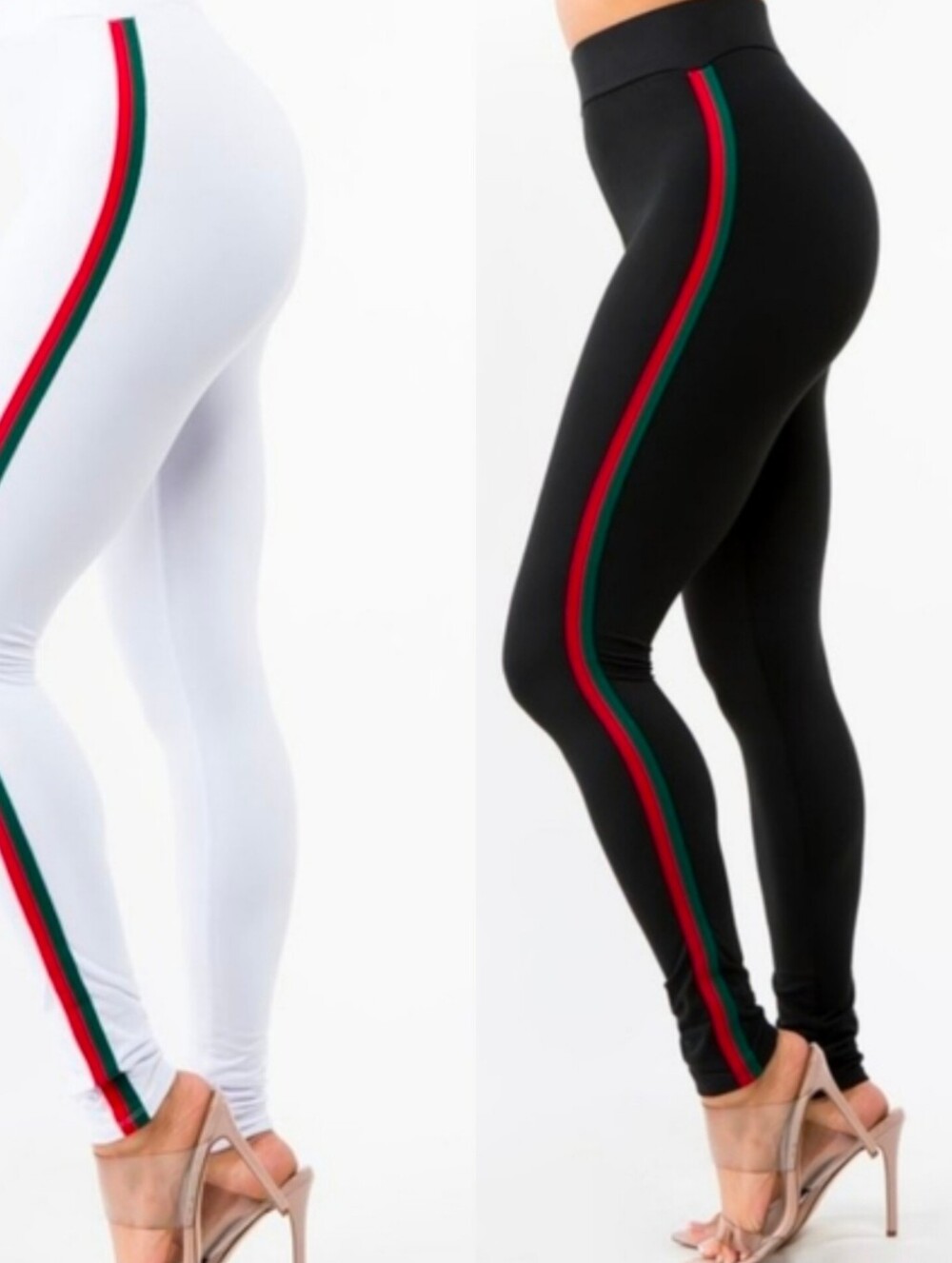 High Waisted Leggings White Black Green Red Side Tape Stripe Size S-M New 2PC